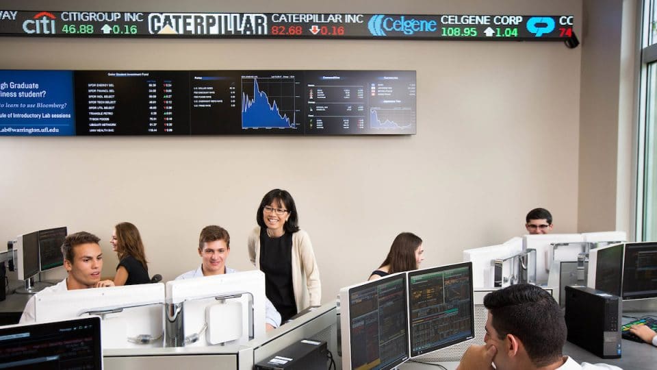 Capital Markets Lab with students at work and stock ticker and digital market displays