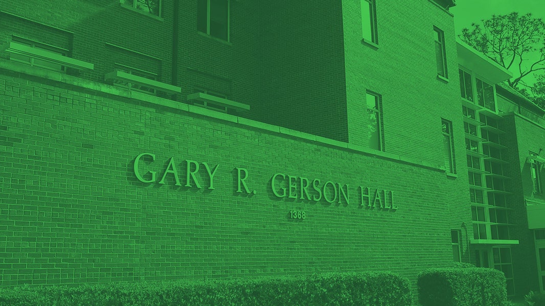 South side of Gerson Hall with Gary R. Gerson 1368 on the brick wall