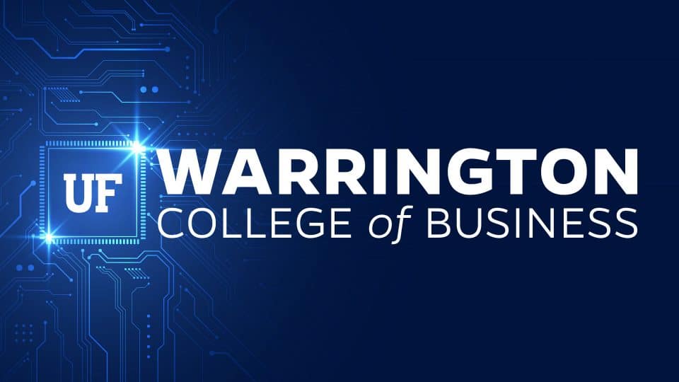 UF Warrington College of Business logo integrated with circuit board and processor graphics