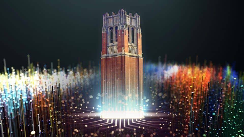 The UF Century Tower morphs into a circuit board surrounded fiber-optics of all different colors