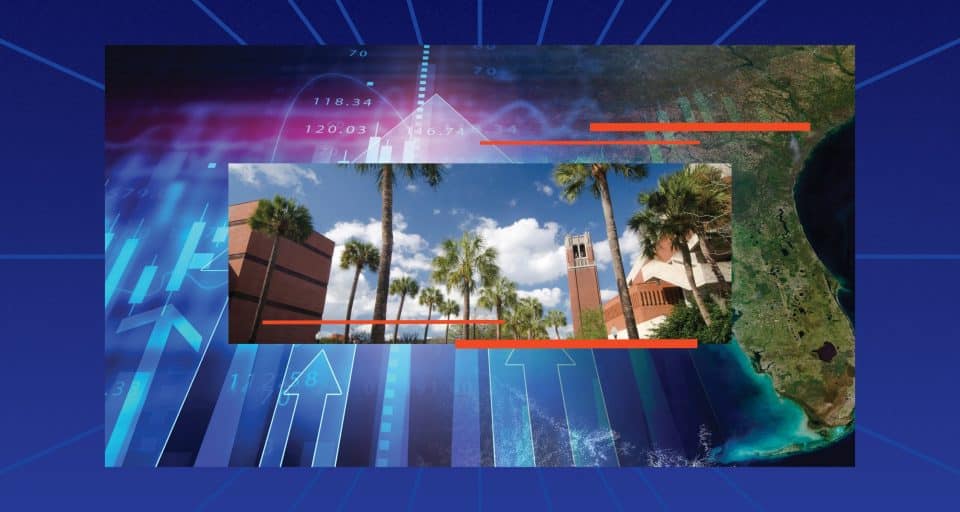 Photo of UF Century Tower with palm trees overlaid on graphical background with upward arrows and a satellite image of Florida