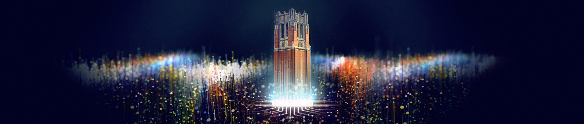 Graphic depicting UF's Century Tower rising from fiber optic lines