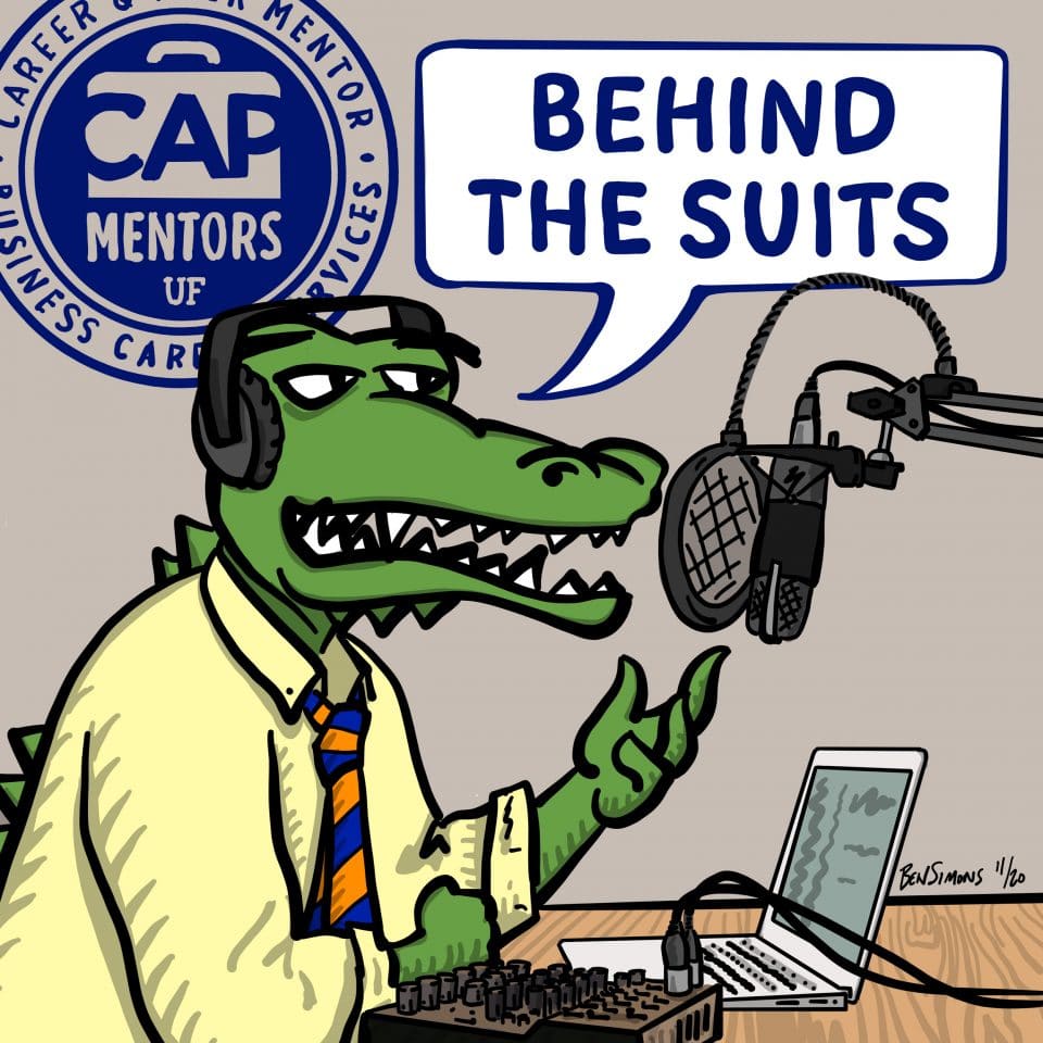 Behind the Suits podcast: drawing of a gator in business attire speaking into a microphone with the CAPs logo in the background