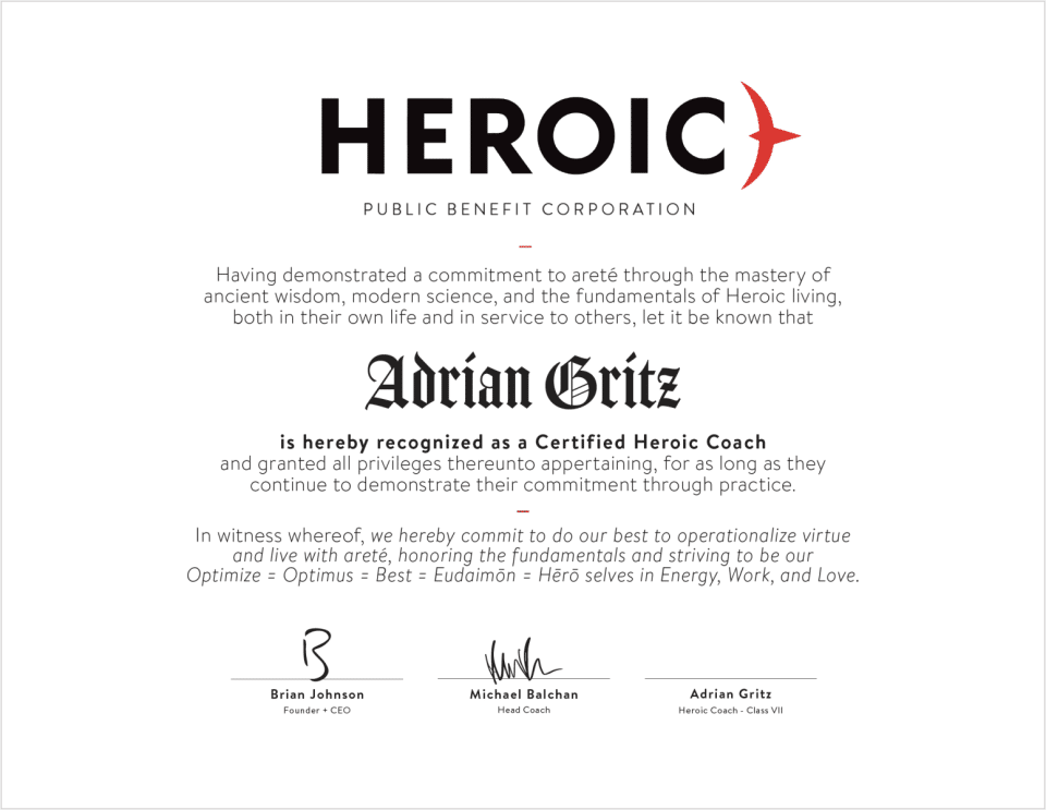 Adrian Gritz Heroic Coach Certificate