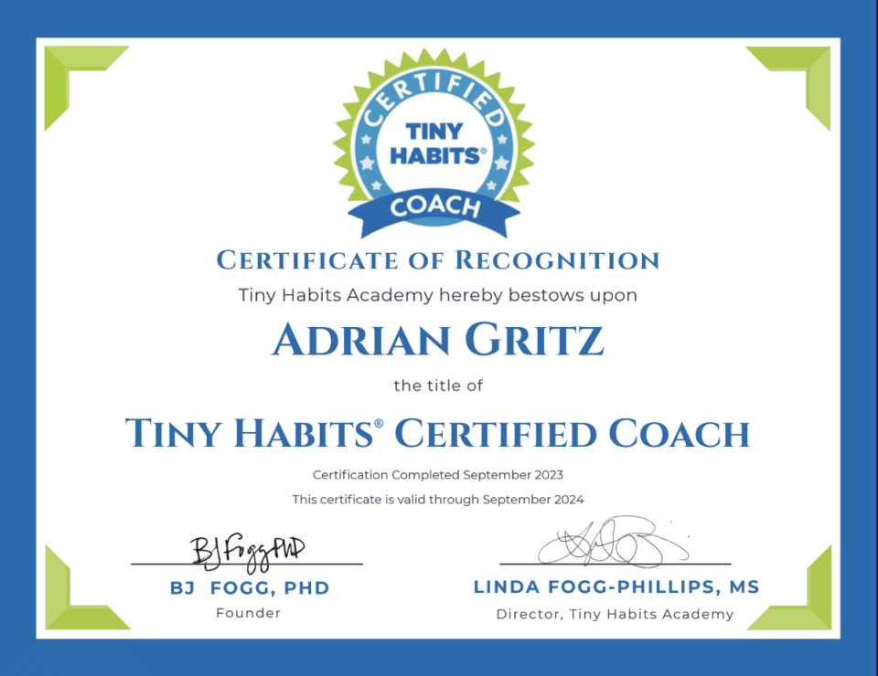 Adrian Gritz Tiny Habits Coach Certificate