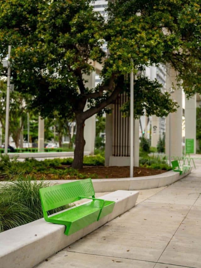 Green benches perched on cement curbs in an landscaped area with sidewalks on both sides