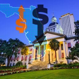 Florida State Capitol with the state of Florida overlayed on it and dollar signs with up and down arrows