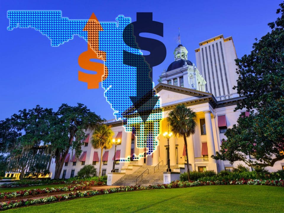 Florida State Capitol with the state of Florida overlayed on it and dollar signs with up and down arrows