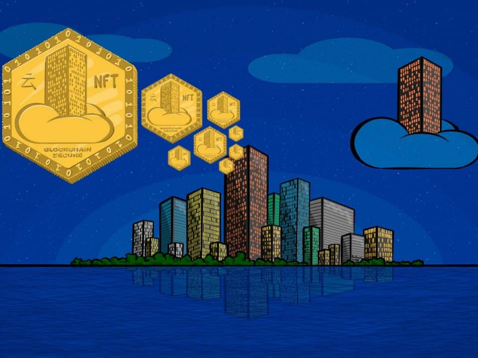 Illustration of blockchain secure tokens, a city skyline, and a building hovering in a cloud