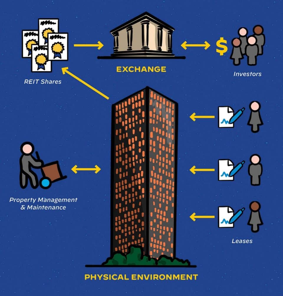 Illustration depicting the physical environment of real estate with property management, maintenance and leases, and the exchange of REIT shares with investors, explained in accompanying text for Diagram 1