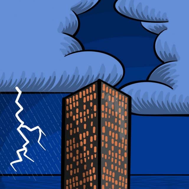 Illustration showing clouds over a tall building as lightning strikes nearby