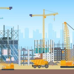 Illustration of many buildings being built with cranes and construction vehicles with a city skyline in the background