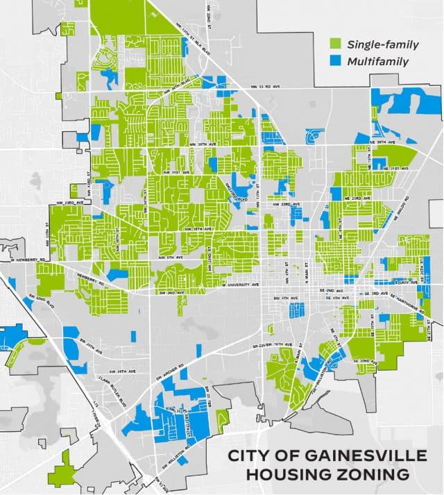 A map of Gainesville, FL showing mostly single-family housing with some multifamily housing areas