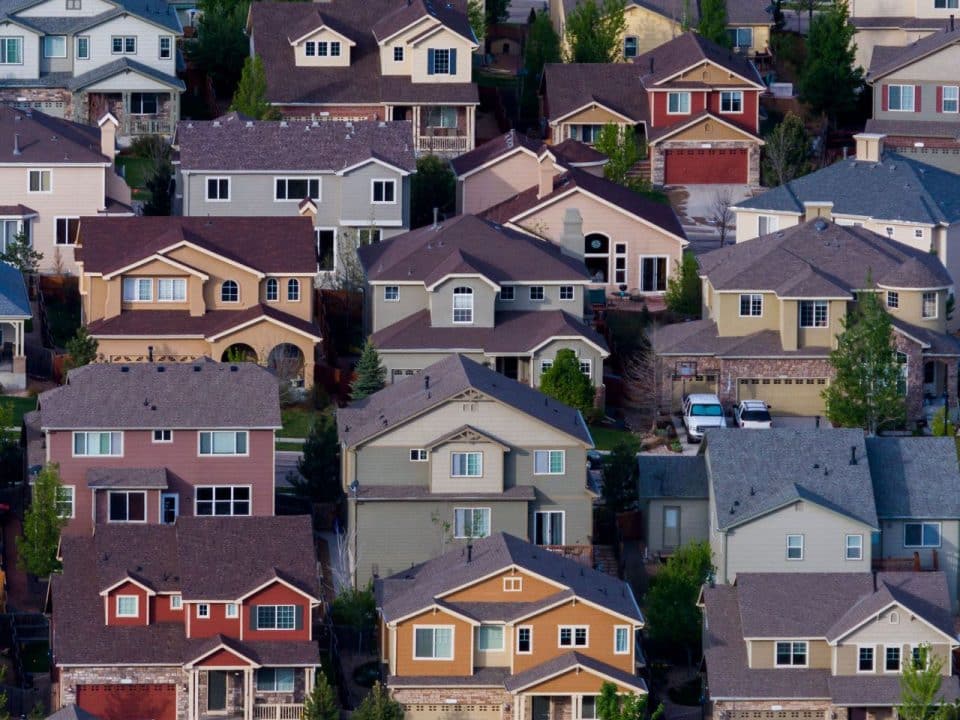 Aerial view of a neighborhood with tightly spaced houses