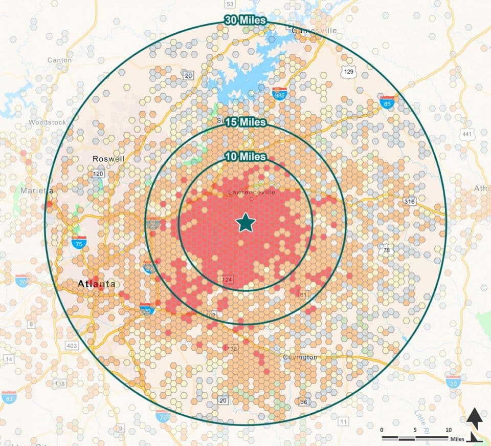 Map of shopping center Northeast of Atlanta with circles at a 10, 15 and 30 mile radius. The mobile device highest density is within the 10 mile radius, medium density around the 15 mile radius and least density at the 30 mile radius and beyond. Futher explained in accompanying text.