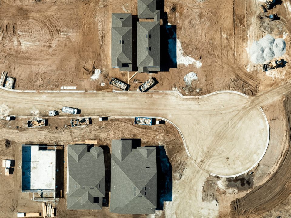 An aerial view of a neighborhood construction project