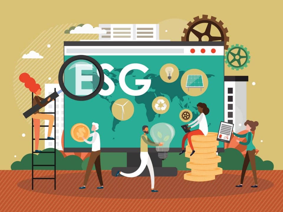 The letters ESG overlaid on an illustration of people doing various tasks and interacting with various objects