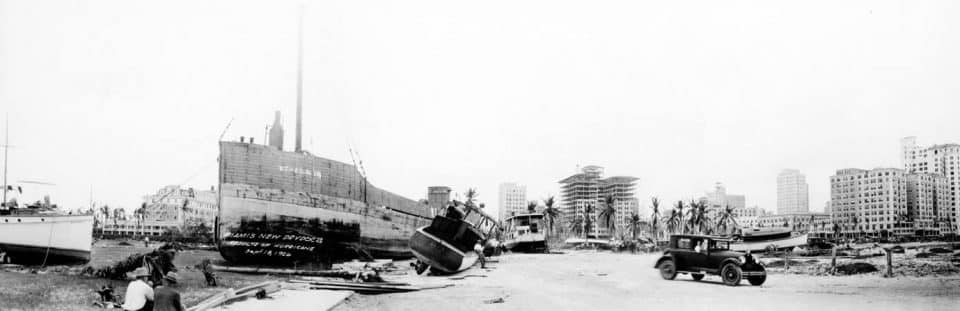 Aftermath of the Great Miami Hurricane of 1926 includes ships and boats grounded
