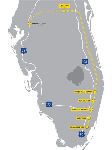 Map of lower Florida showing the Brightline passenger rail map and stations from MiamiCentral, Aventura, Ft. Lauderdale, Boca Raton, West Palm Beach, Orlando and Tampa Station