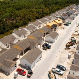 The construction of Odyssey by Solutra in Fort Myers is a neighborhood of tightly spaced small homes for rent