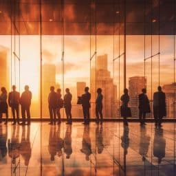 Generated graphic of business people sanding by a wall of windows and silhouetted by the sunlight coming through the tall buildings outside