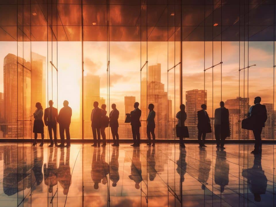 Generated graphic of business people sanding by a wall of windows and silhouetted by the sunlight coming through the tall buildings outside