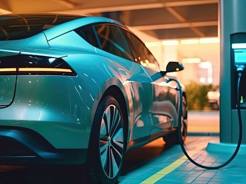 Modern car plugged in at a charging station