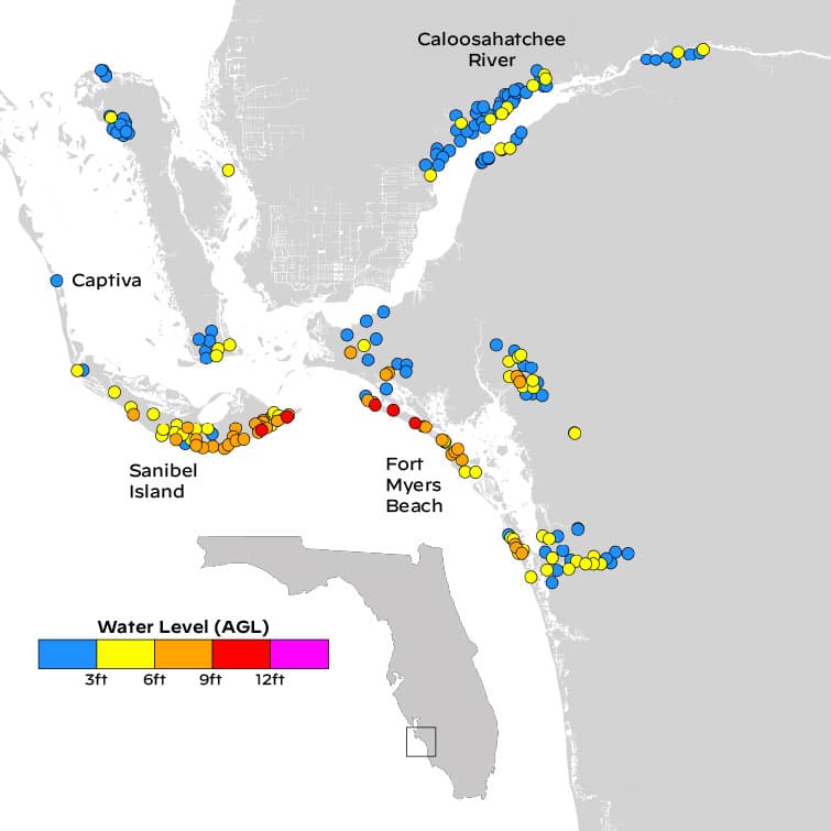 Colored dots on a map mark high water levels (3 ft., 6 ft., and 9 ft.) in the Fort Myers Beach and surrounding areas