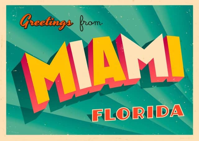 Graphic that looks like a postcard: Greetings from Miami Florida
