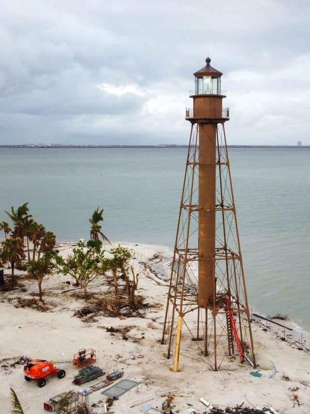 Sanibel Island lighthouse amidst storm damage