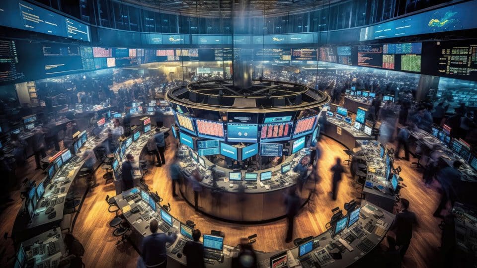Generated graphic depicting the stock exchange trading floor