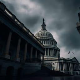 The U.S. Capitol building with dark clouds above