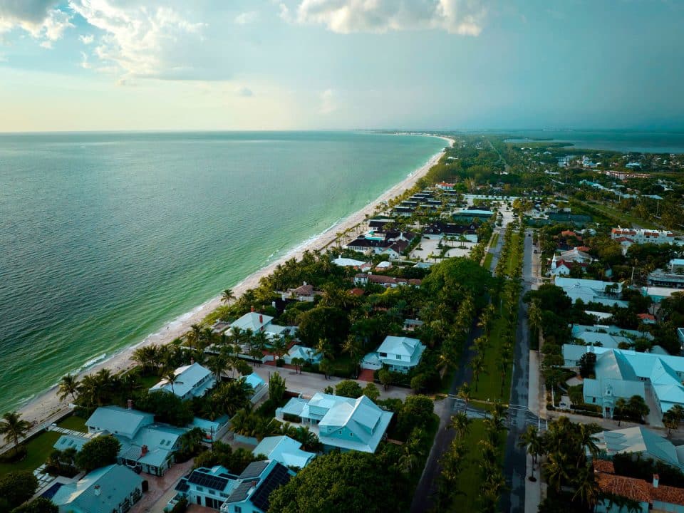 Aerial view of homes along a coastline