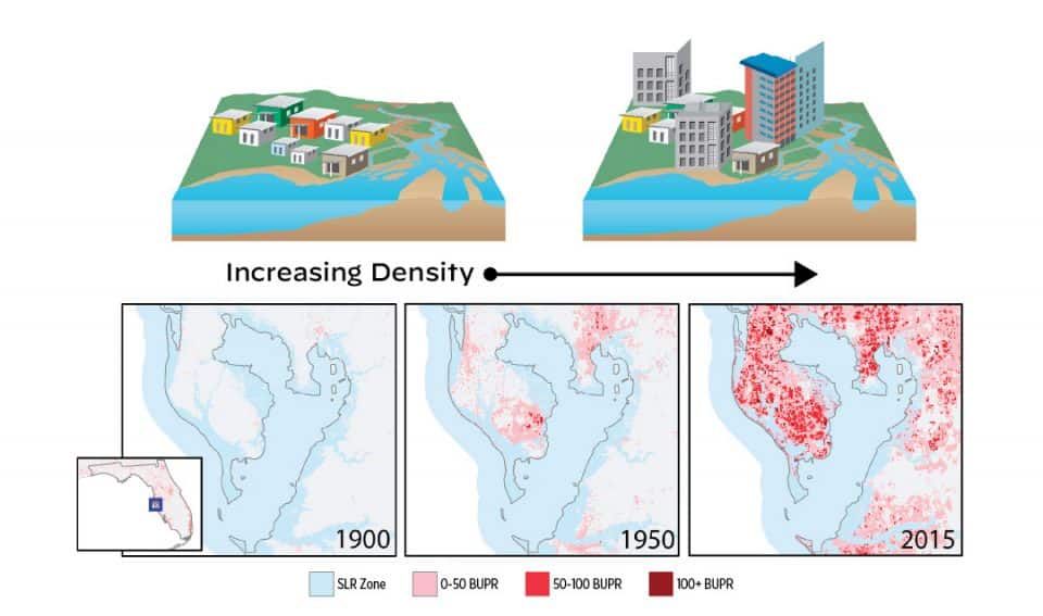 Illustrations and maps indicating the increasing building density from 1900, 1950, and 2015 in the Tampa Bay Area