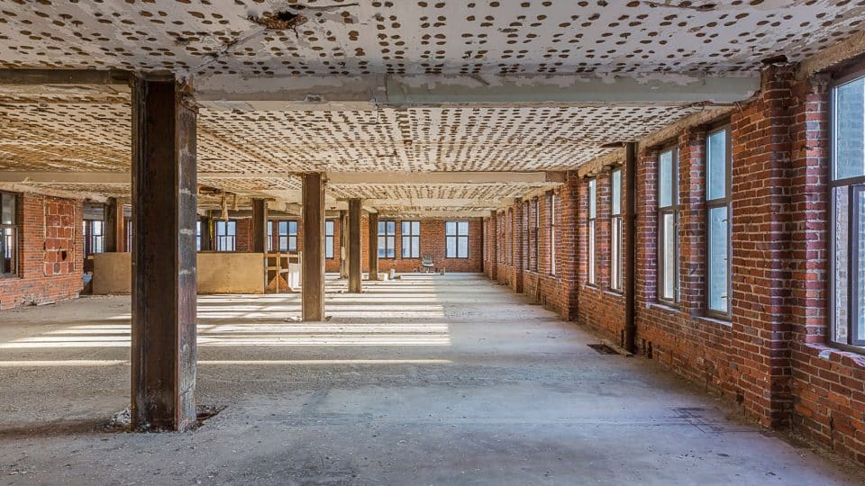 The entire floor of an office building is stripped down for renovations