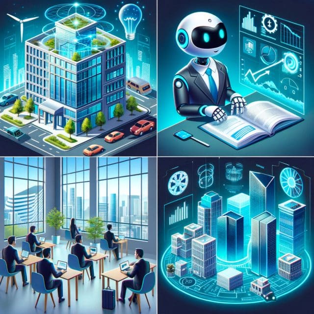 A graphic of four images in a square: a building with cars on a street around it and energy symbols overlaid, a robot at a table with a book and a virtual graphic next to it, people at desks and laptops in a room with large windows looking out at a city, and city buildings rising up from a circular digital base and various graphics overlaid