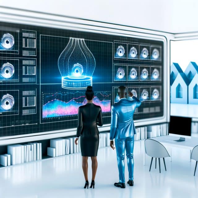 A graphic of two people in a room looking at a large display of various digital images and a graph