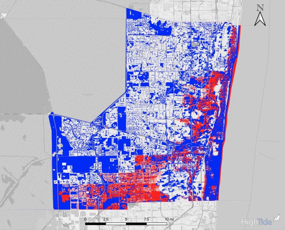 Map of Broward County with blue indicating areas of special flood hazard in 2014 and red indicating new areas added in 2024