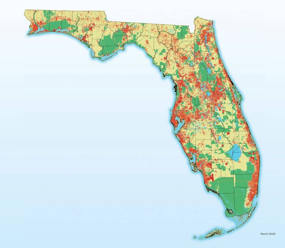 Statewide baseline map visualization of how land use may change in the next two decades: red indicating developed, green indicating protected, and yellow indicating other