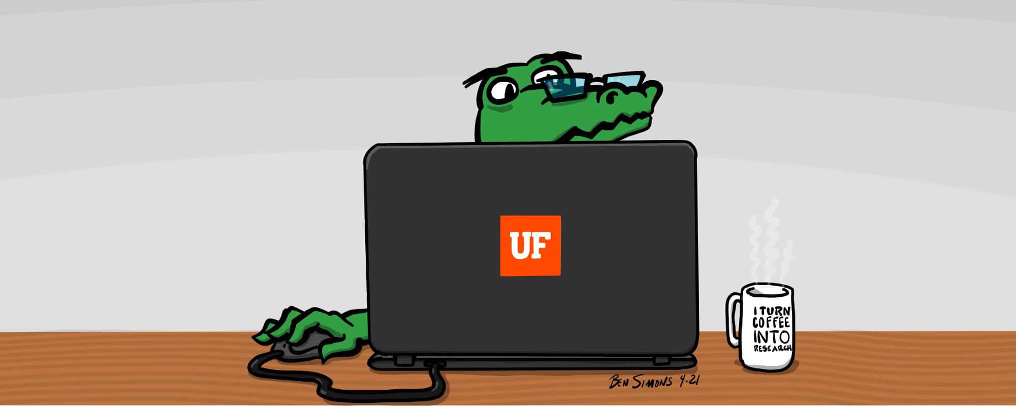 Illustration of a gator working on a laptop with a UF sticker on it, a coffee mug nearby says I turn coffee into research
