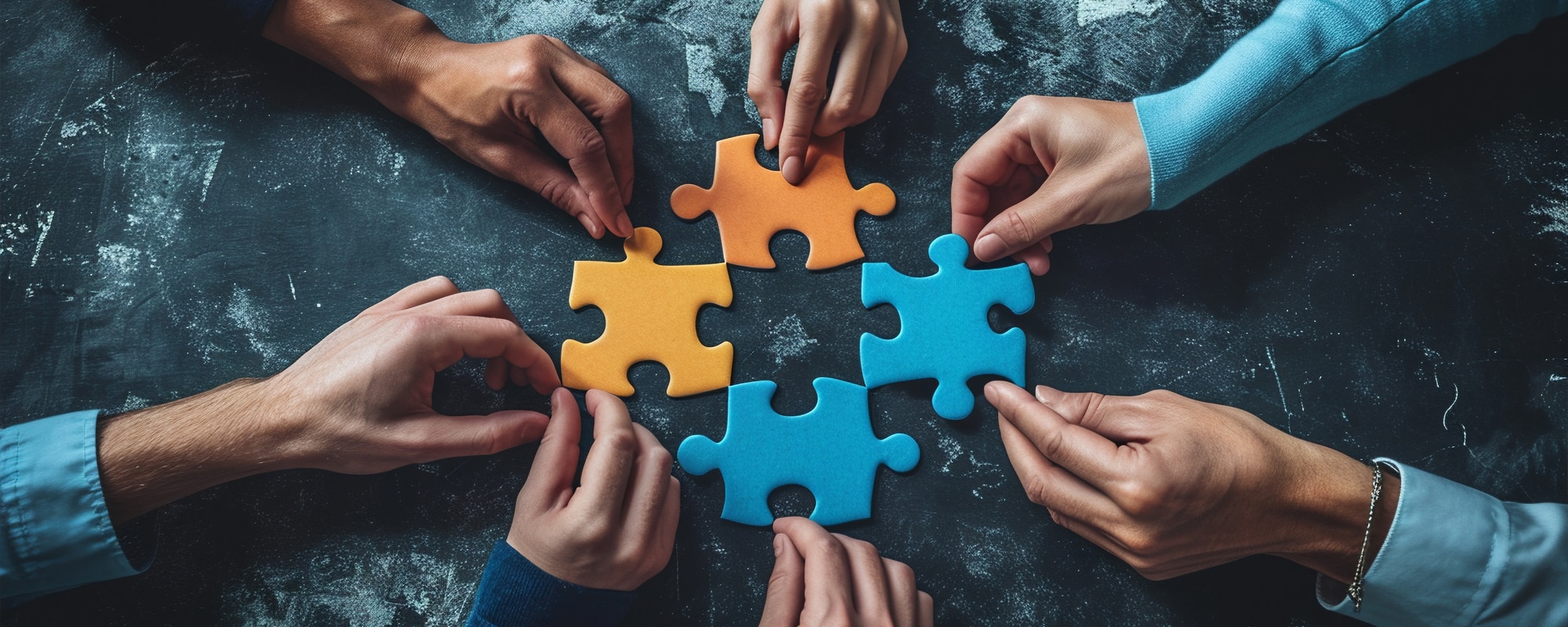 Hands placing puzzle pieces together on a table, signifying team building