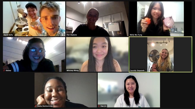 Screen capture of a Zoom meeting for Virtual Cooking Night shows nine students participating
