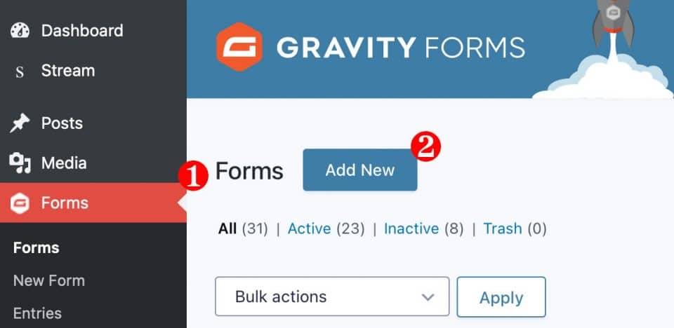 WordPress menu indicating the Forms item and the Add New button