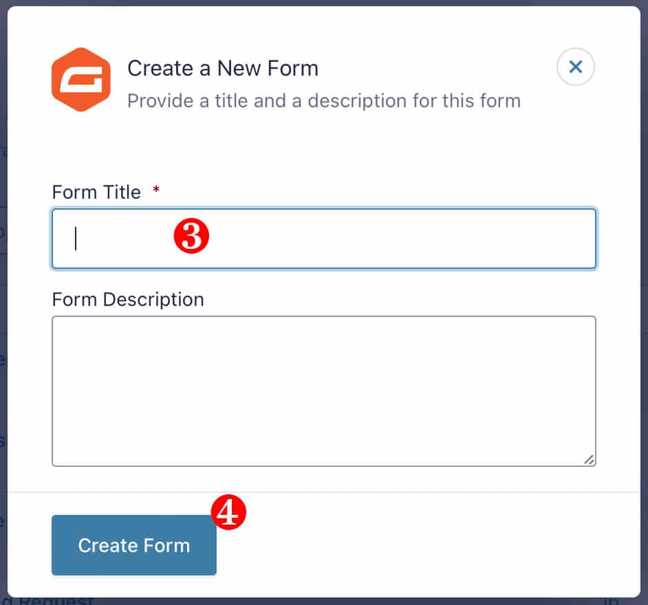 Create a New Form dialog box with a Form Title field and a Form Description field