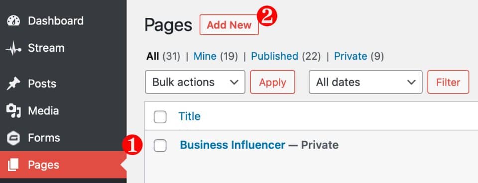 WordPress menu Pages item and Add New button
