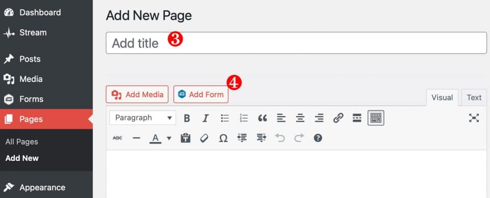 WordPress menu Pages item with Add Title field and Add Form button