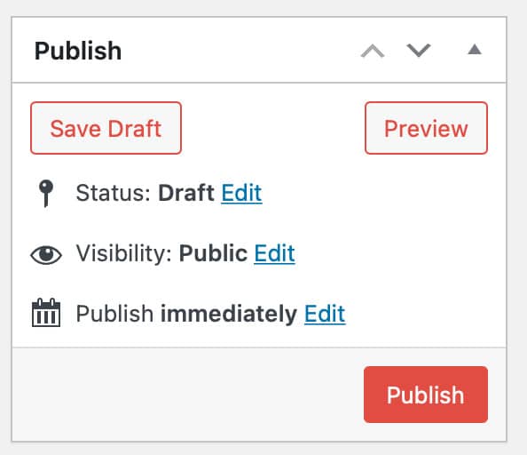 The Publish section with Save Draft and Preview buttons, as well as the Status, Visibility and Publish settings and a Publish button at the bottom