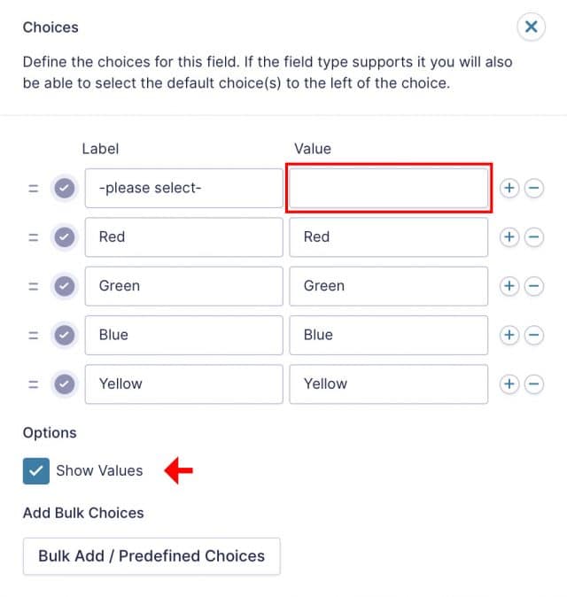 The choices settings with Show Values checked and the default selection with an empty value