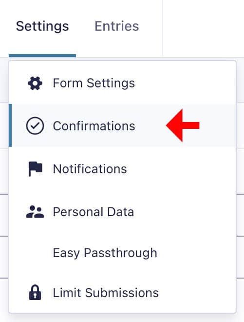 Gravity Forms Settings menu indicating the Confirmations item