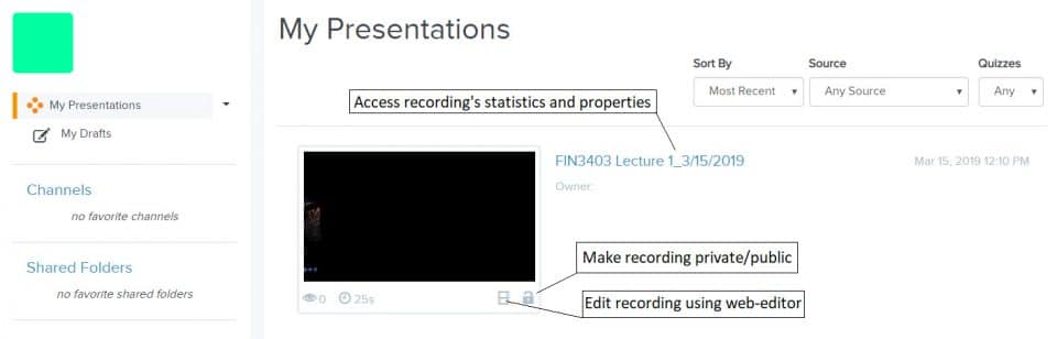 The My Presentations page indications: clicking on the presentation name will access the statistics and properties, clicking the film icon will provide editing capabilities, clicking the lock/unlock icon will make the recording private or public.